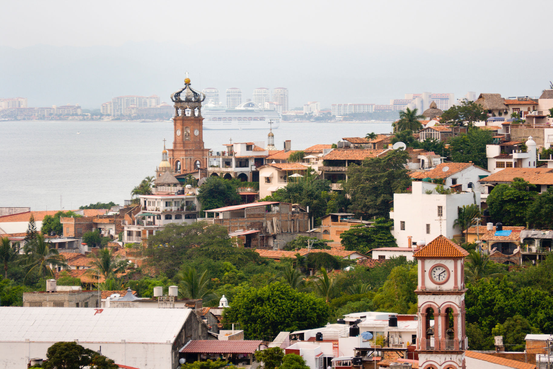 Downtown Puerto Vallarta with cruise ship in the background.